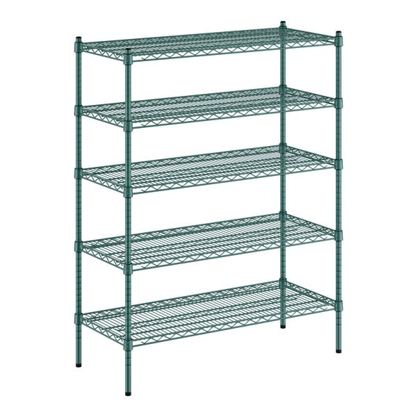 A green wire shelving unit with four shelves.