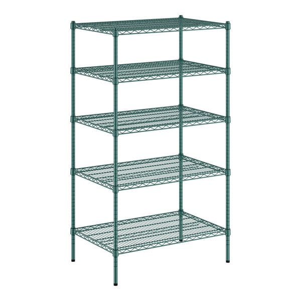 A green metal wire shelving unit with 5 shelves.