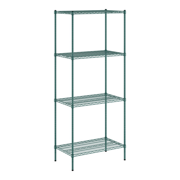 A green wire shelving unit with four shelves.