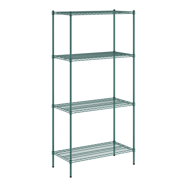 A green wire shelving unit with four shelves.