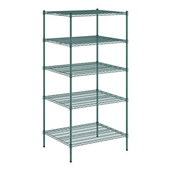 A green wire shelving unit with five shelves.