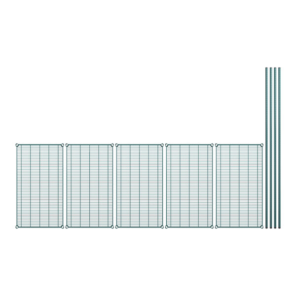 A row of metal grids with green poles and shelves.