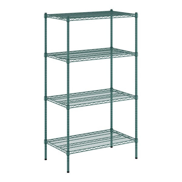 A green Regency wire shelving unit with four shelves.