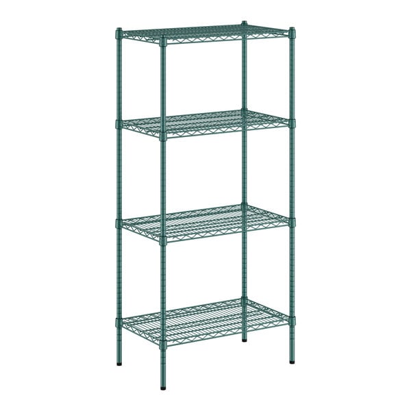 A green wire shelving unit with four shelves.