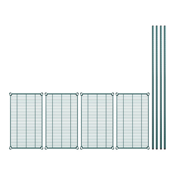 A set of four green wire mesh shelves and poles.