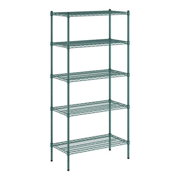 A Regency green wire shelving unit with five shelves.