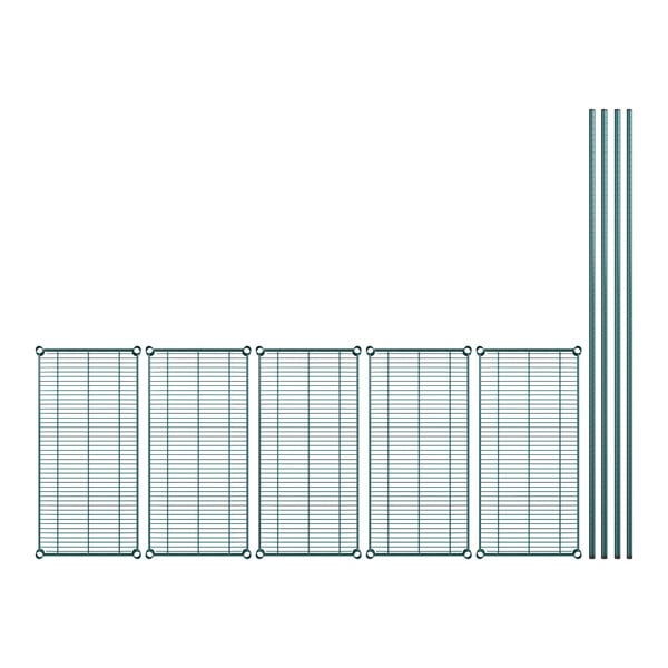 A row of wire shelves with metal poles and a wire grid.