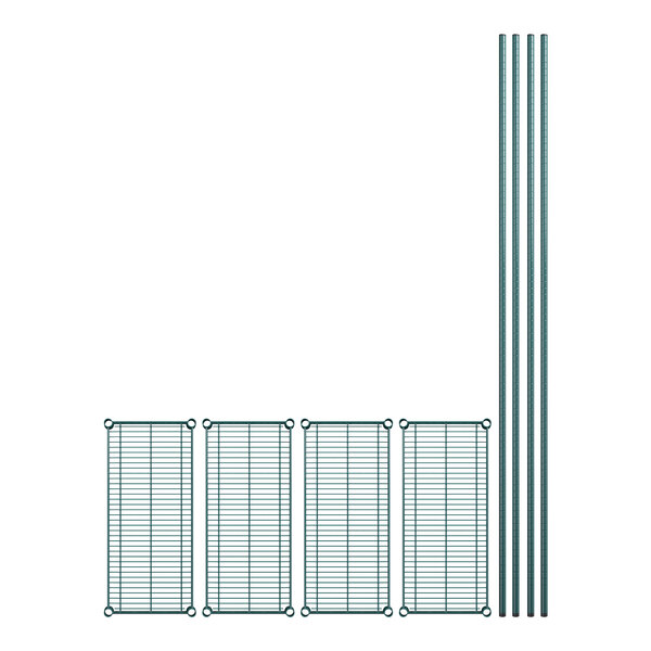 A Regency wire shelving kit with green epoxy wire shelves, poles, and grid panels.