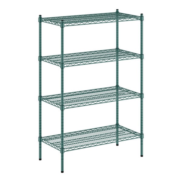 A green wire shelving unit with four shelves.