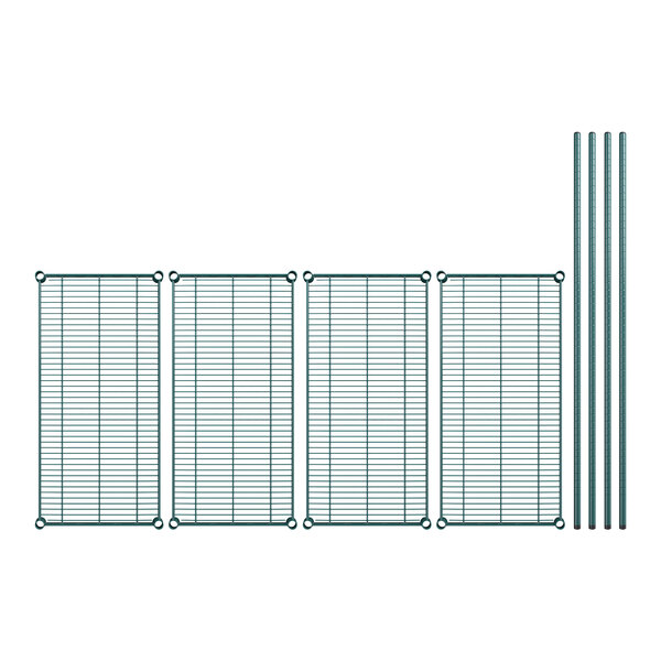 A close-up of a Regency green wire shelving kit.