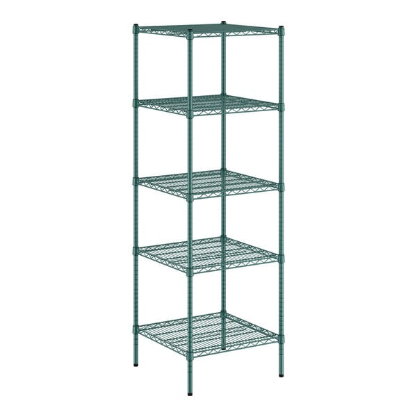 A green metal Regency wire shelving unit with four shelves.