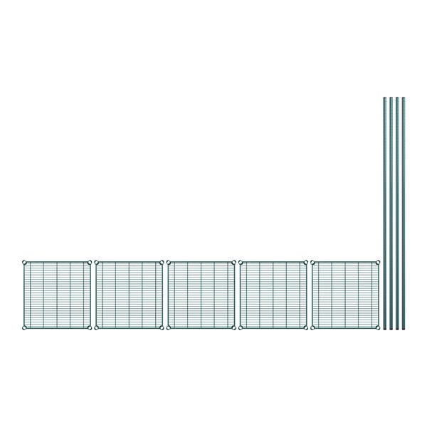 A row of green wire shelves with grid wire mesh.