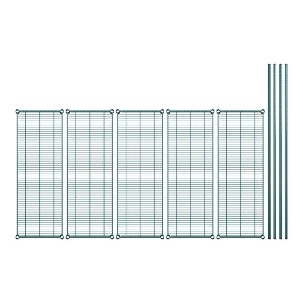 A row of green wire racks with wire mesh shelves.