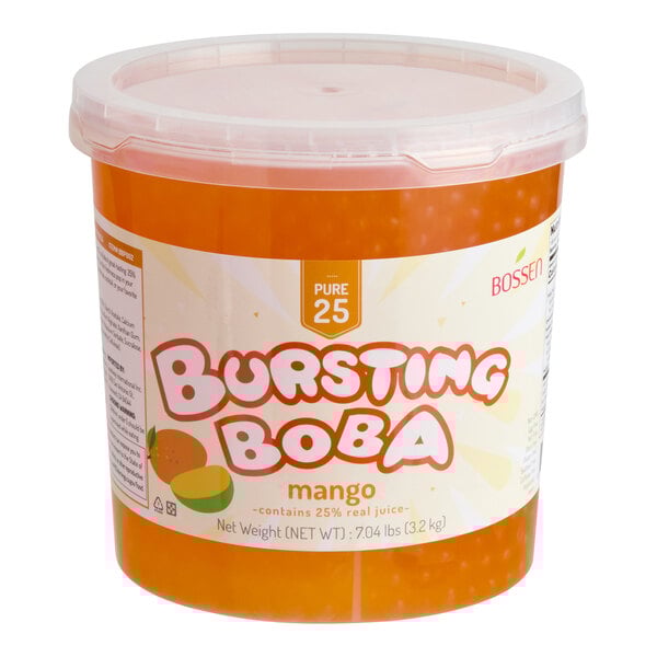 A large plastic tub of Bossen Pure25 Mango Bursting Boba.