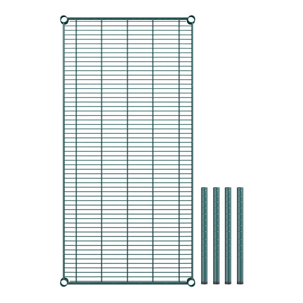 A green metal wire shelf with four poles.