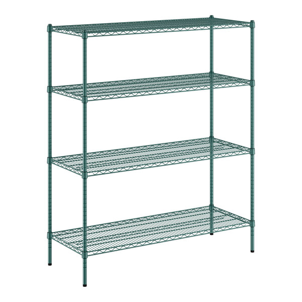 A green wire shelving unit with four shelves and metal posts.