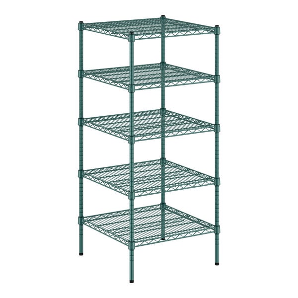 A green metal wire shelving unit with five shelves.