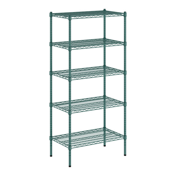 A green wire shelving unit with five shelves.