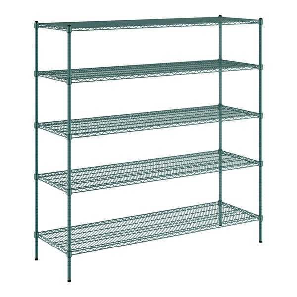 A Regency green wire shelving unit with five shelves.