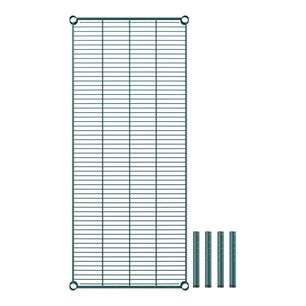 A green wire mesh shelf with metal poles.