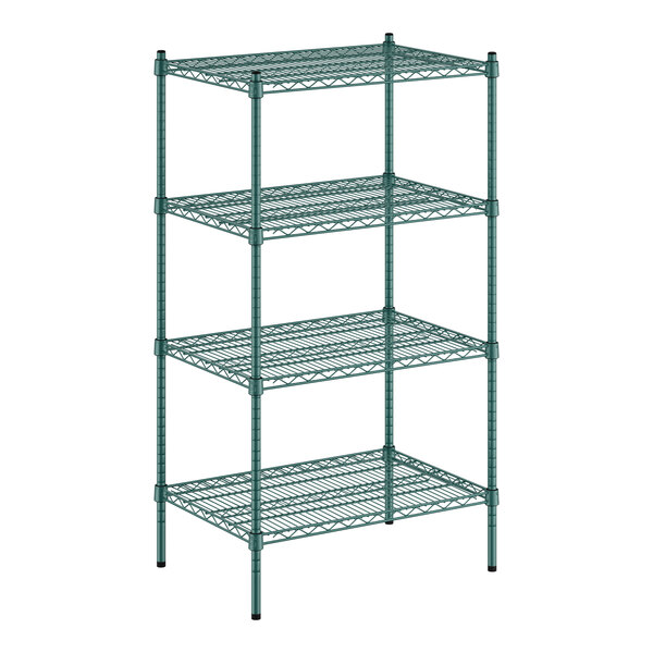 A green wire shelving unit with four shelves.