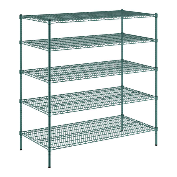 A Regency green wire shelving unit with five shelves.