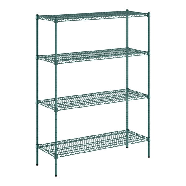 A green metal wire shelving unit with four shelves.