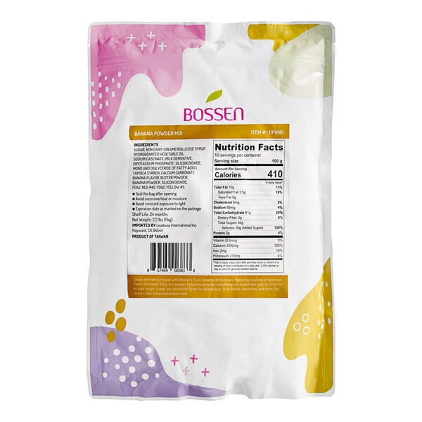 A white package of Bossen Banana Powder with yellow and purple labels.