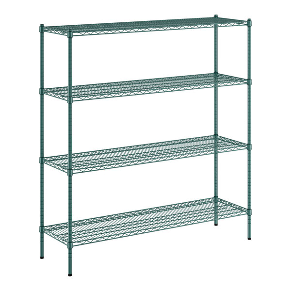 A Regency green metal wire shelving unit with four shelves.