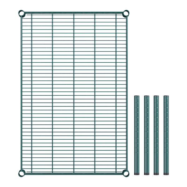A close-up of a green wire mesh grid with four poles.