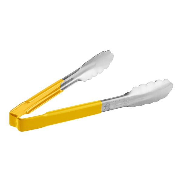 Vollrath stainless steel tongs with yellow Kool-Touch handles.