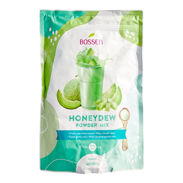 A package of Bossen Honeydew Powder Mix with a green glass and straw.