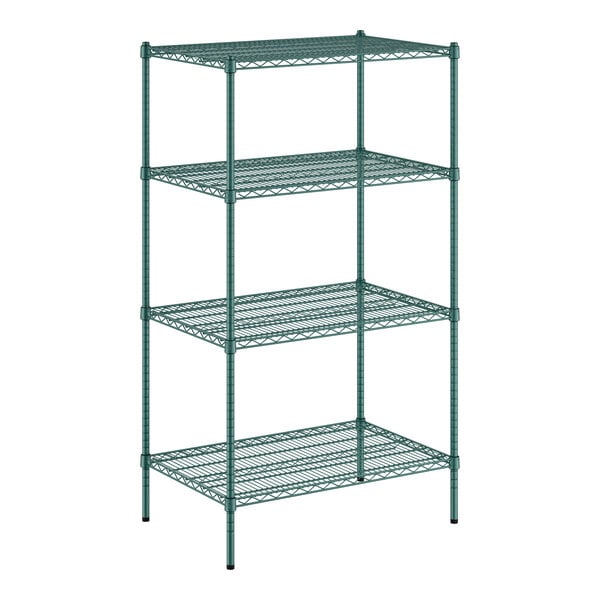 A green wire shelving unit with four shelves.