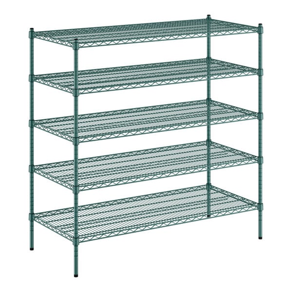 A Regency green wire shelving unit with four shelves.