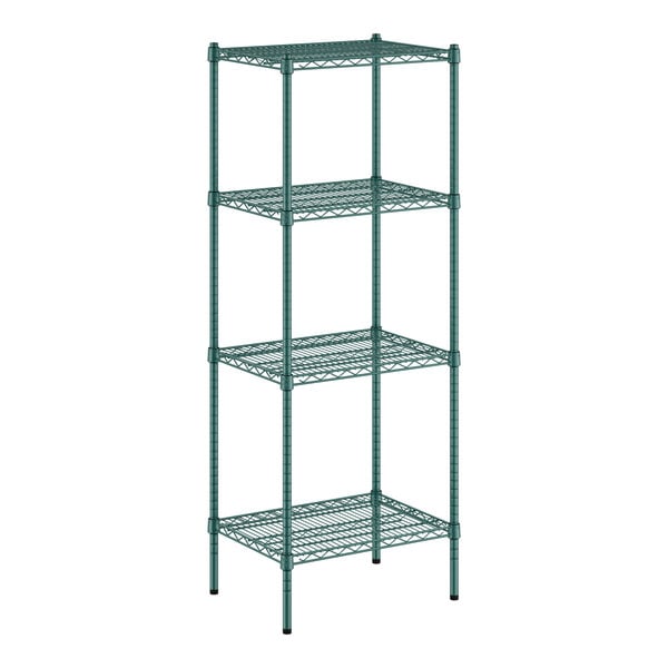 A green wire shelving unit with four shelves.