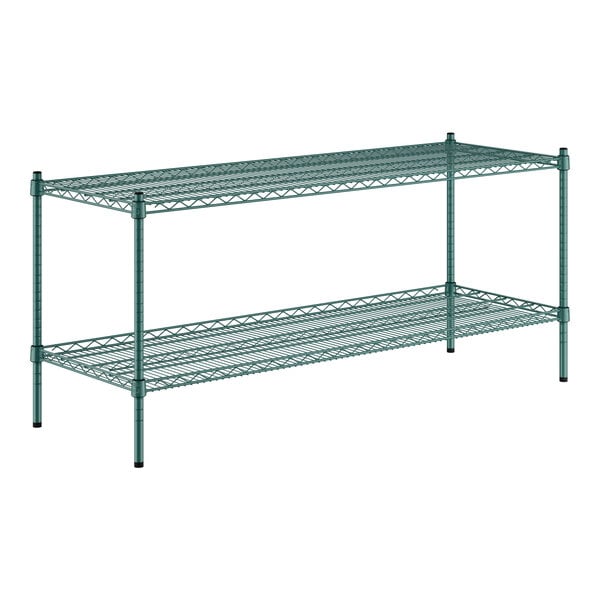 A green wire shelving unit with two shelves.