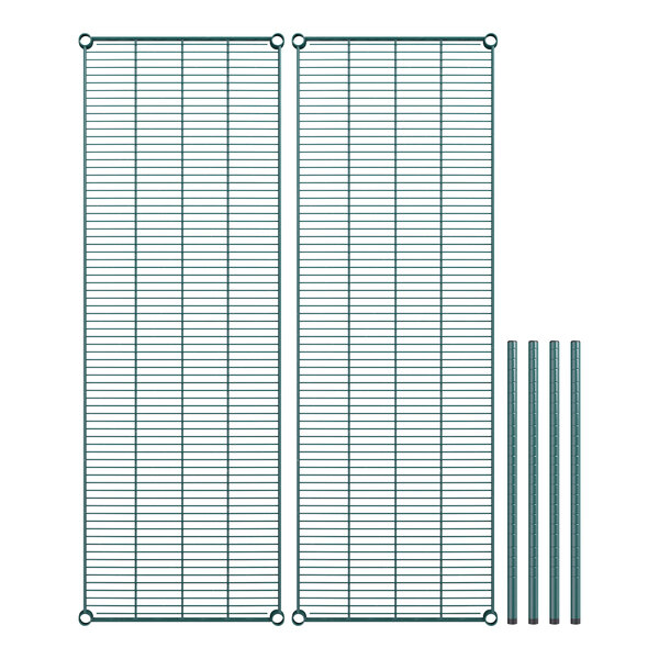 A pair of green metal shelves with metal poles.