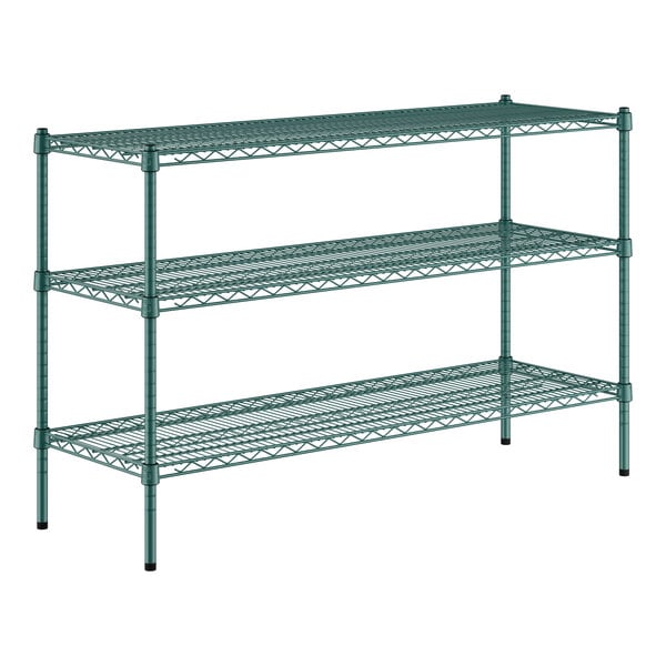 A Regency green wire shelving unit with three shelves.