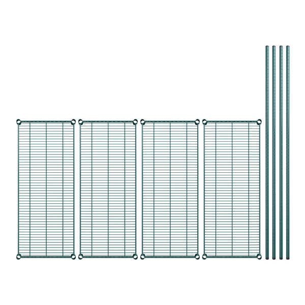 A set of four green wire shelves with metal rods.