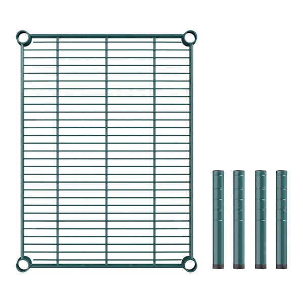 A green metal grid shelf with four poles.