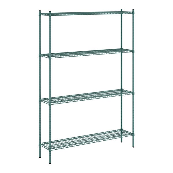 A green wire shelving unit with four shelves by Regency.