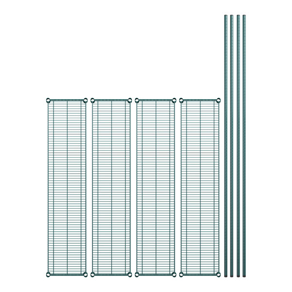 A set of four green wire shelves with metal rods and wheels.