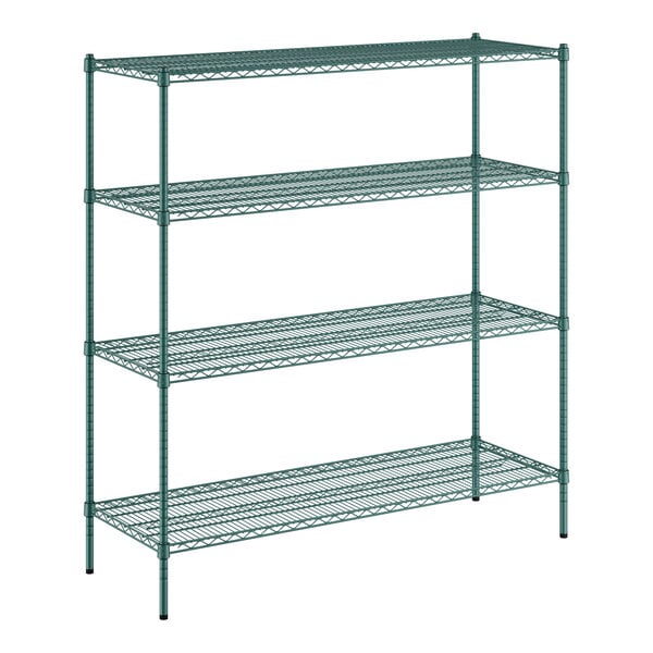 A Regency green wire shelving unit with four shelves.