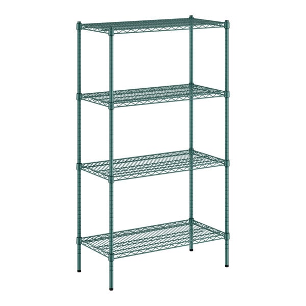 A green wire shelving unit with four shelves.