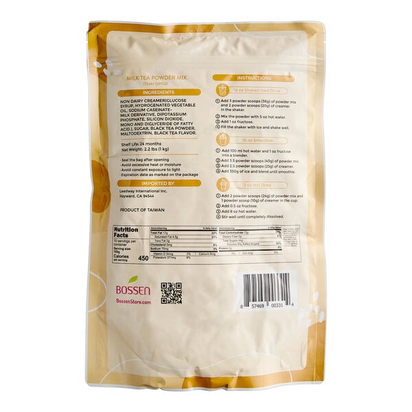 A close up of a white Bossen bag of Milk Tea Powder with text and images.