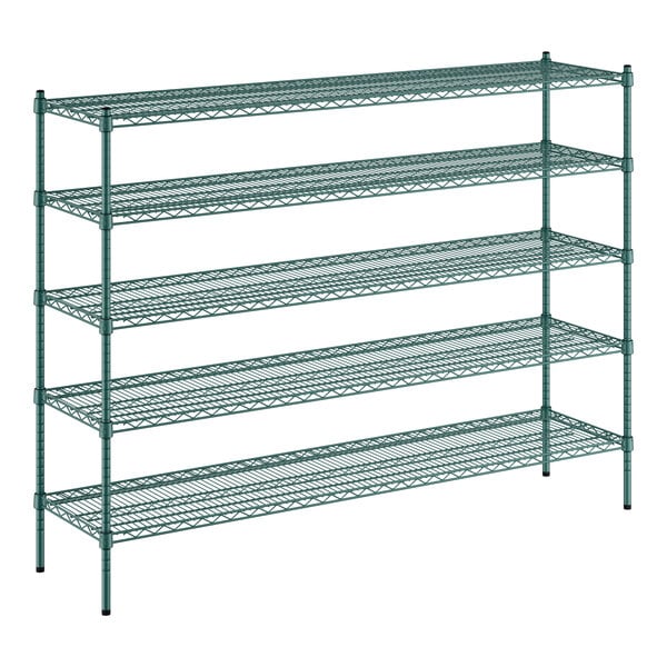 A green metal Regency wire shelving unit with four shelves.