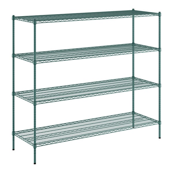 A green metal wire shelving unit with four shelves.