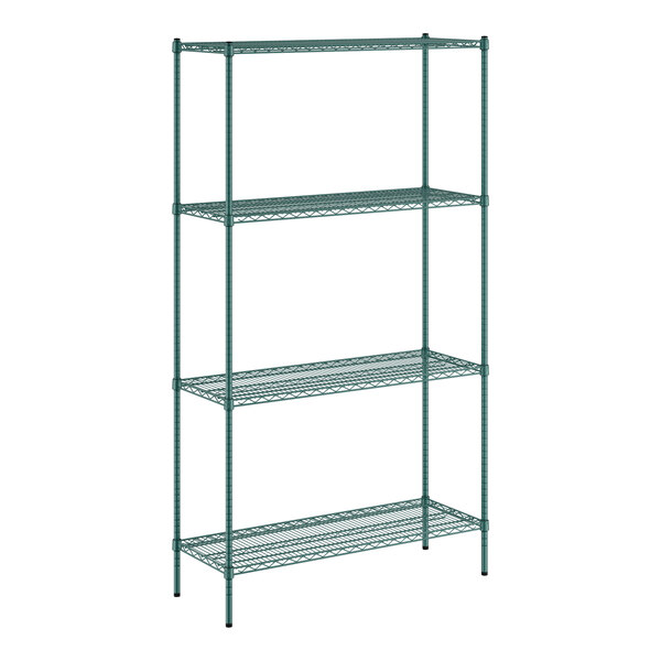 A Regency green wire shelving unit with four shelves.