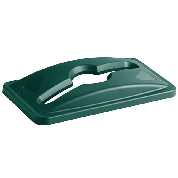 A green Rubbermaid Slim Jim recycling bin lid with a mixed recycle slot.
