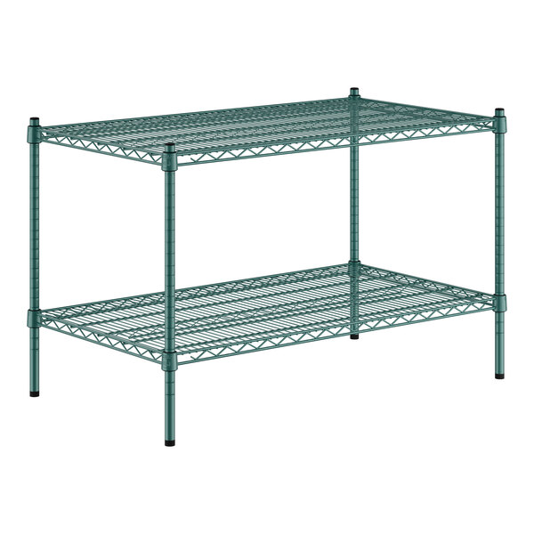 A green metal Regency wire shelving kit with two shelves.